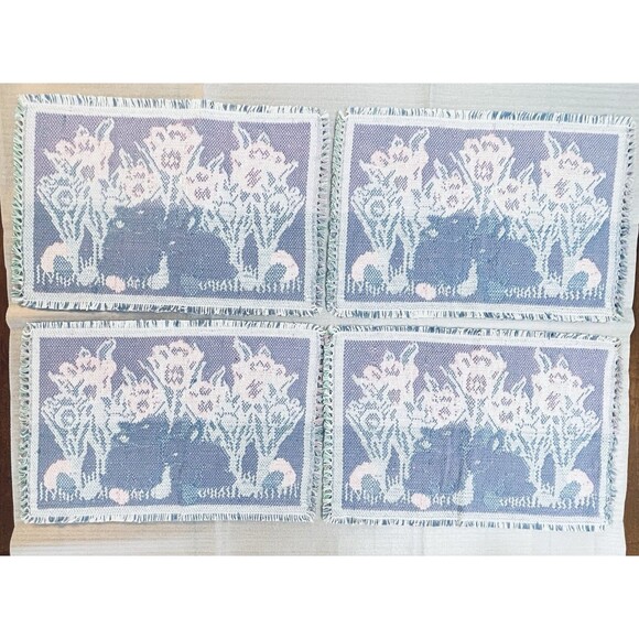 Vintage Woven Easter Placemats – Tulips & Bunny – 18"x12"- W Fringe Set of 4 EUC - Picture 7 of 10